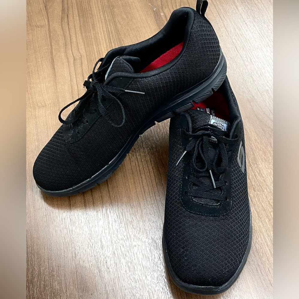 Sketchers Slip Resistant, Air-Cooled, Memory Foam, Wide Fit. 9.5 W work shoes.